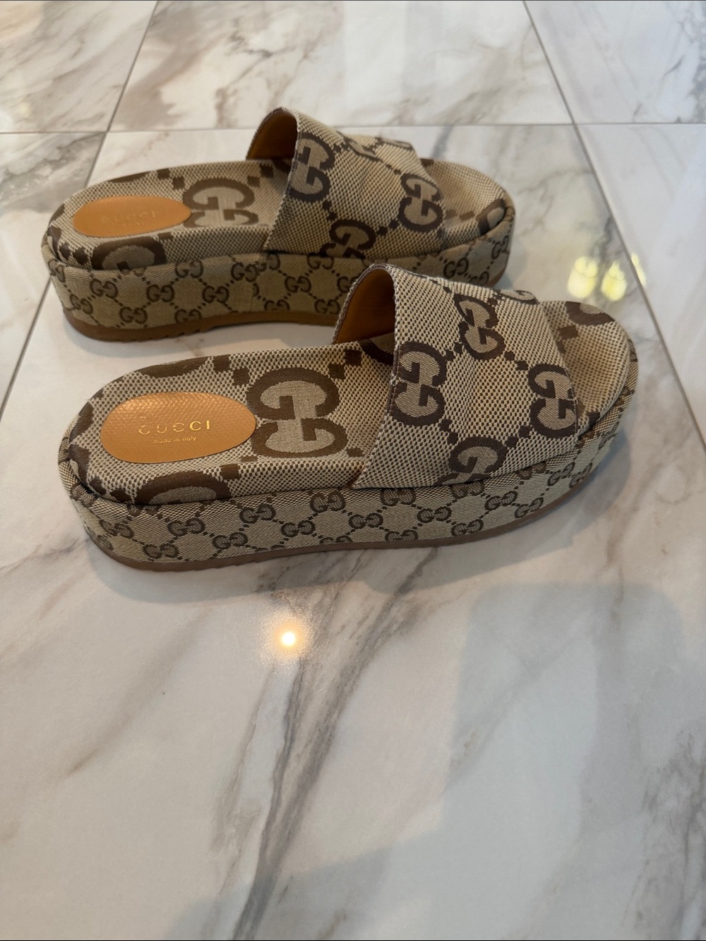 Gucci Tan GG Canvas Platform Slide Sandals - Picture 5 of 8